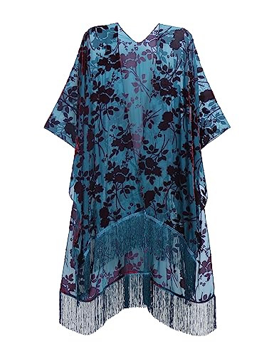 WeHello Women's Burnout Velvet Kimono Long Cardigan Cover Up with Tassel Teal/Red