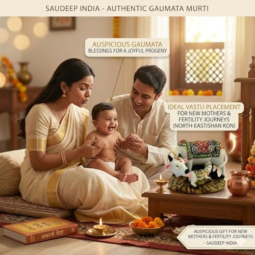Image of SAUDEEP INDIA Good Luck Gift Items Art Handicraftgiftgallery Decorative Marble dust /Polyresin Cow and Calf Showpiece Idols and Figurines, 5x3x3Inch (Export Quality)
