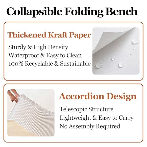 Image of Kraft Paper Rectangle Ottoman - Folding Bench Rest for Bedroom & Entryway, Collapsible Stool with Pad, Portable Stool & Square Ottoman for Living Room Decor, Space-Saving Footrest, White, 5 Seats