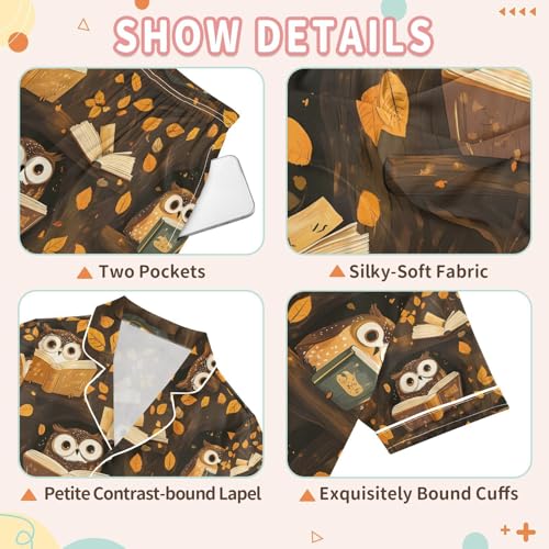 senya Owl Reading on Branches Satin Summer Pajama Sets Silk Short Sleeve Button Down Sleepwear3