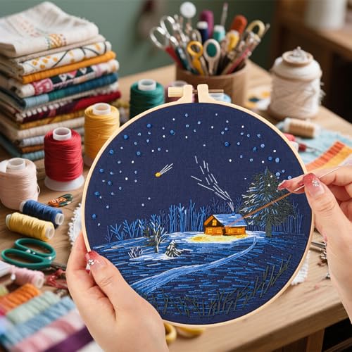 Image of Christmas Embroidery Kits for Beginners Adults, Winter Hand Embroidery Starter Kits, Christmas Cross Stitch Kits for Beginners Needlepoint DIY Kits for Adults, Embroidery Hoop, Thread & Video Tutorial