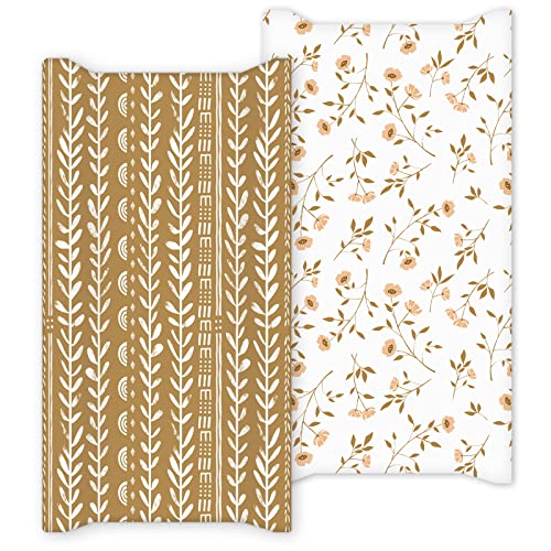 Image of Changing Pad Cover, 2 Pack Changing Table Cover for Baby Boys Girls, Jersey Knit Soft Diaper Changing Pad Cover, Changing Table Sheets, Retro Brown Flower