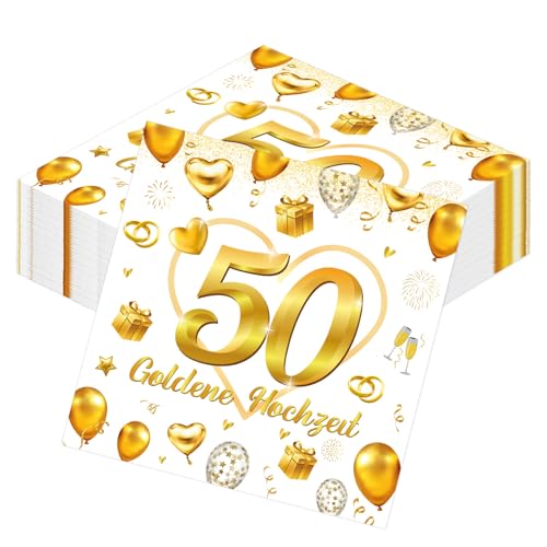 Afritee 50. Goldene Hochzeit Servietten 40 Stück Goldene Hochzeit Deko Papierservietten 50. Hochzeitstag Partei Tischdeko Tischdekoration Geschenke Golden Hochzeit Eltern 16.5x16.5cm