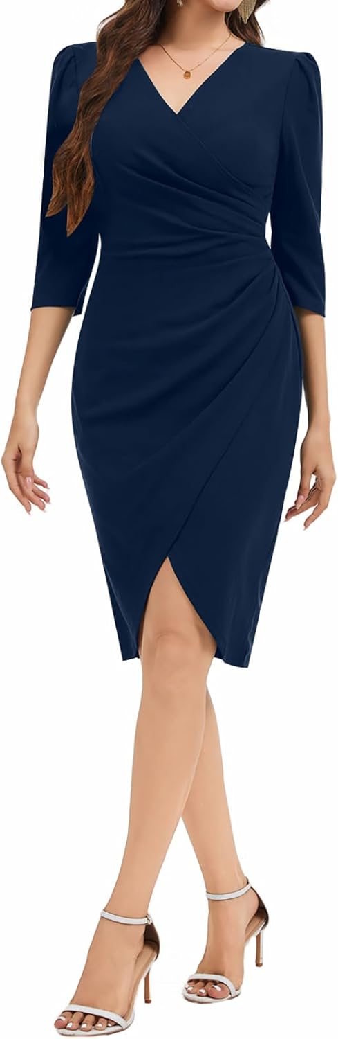 Women's V Neck Ruched Bodycon Cocktail Club Party Night Out Dress with 3/4 Sleeves