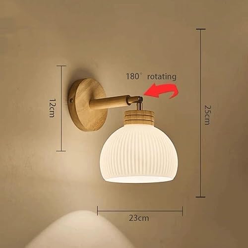 Miniatura 3 de Aplique nórdico de pared de vidrio blanco leche acanalado con base de madera vintage, iluminación de ángulo ajustable para sala de estar, balcón,