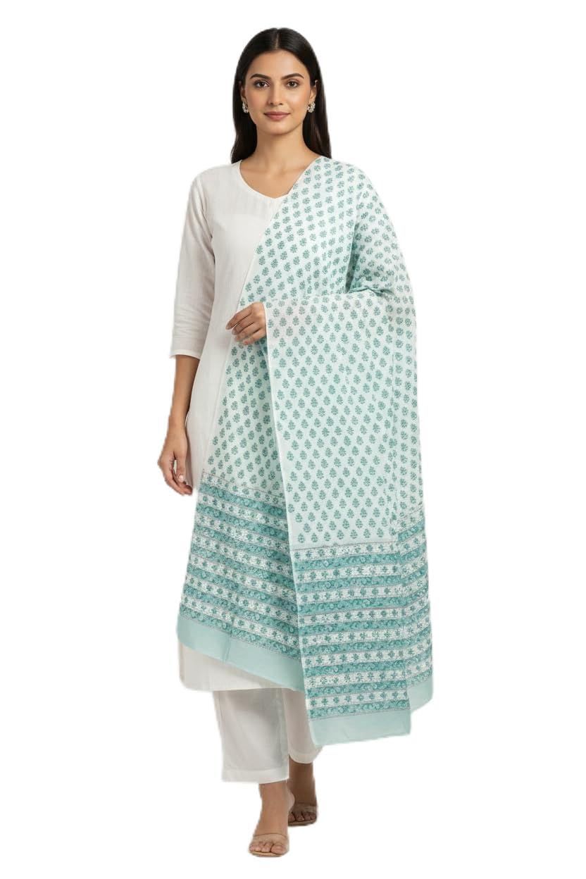White Teal Mul Cotton Dupatta | Sanganeri Floral Buti Block Print | 250x120cm – ISYVSK-A02-image-31
