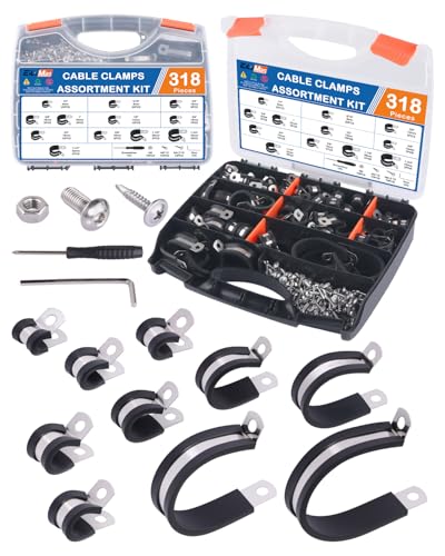 EilxMag 328PCS Cable Clamps Assortment Kit 304 Stainless Steel Rubber Cushion Pipe Clamps 9 Sizes 1/4 5/16 3/8 1/2 5/8 3/4 1 1-1/4 1-1/2 Wire Clamps with Screws Screwdriver Handheld Box