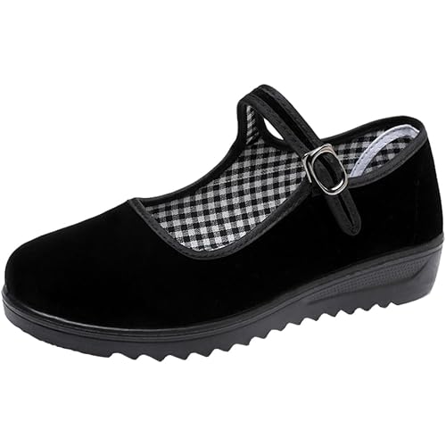 missfiona Black Velvet Mary Jane Shoes for Women China Dance Flat Old Beijing Cloth Walking Shoes