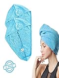 SOFTOWN Microfiber Hair Drying Turban Towel Ultra Absorbent with 2 Buttons for Long Hair, 2 Pack, Blue,11 x 28 inch