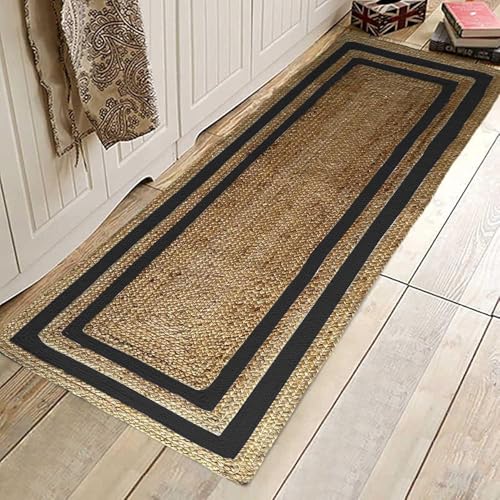 Image of Jute Braided Natural Hand Woven & Reversible Rug for Living Room Kitchen Entryway, Farmhouse Rustic Burlap Carpet Floor Mat (Blackjute, 2X5-feet)