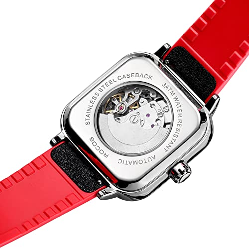 Image of ROCOSJEWE Automatic Watches for Men Skeleton Mechanical Watch Stainless Waterproof Anti Shock Casual Analog Dress Watch Leather Band Vintage Square Ultra Thin Business Wristwatch R0917