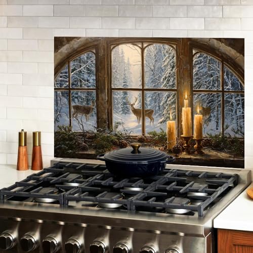 Image of Winter Deer Arched Window Backsplash Peel and Stick, 35.4x23.6 in