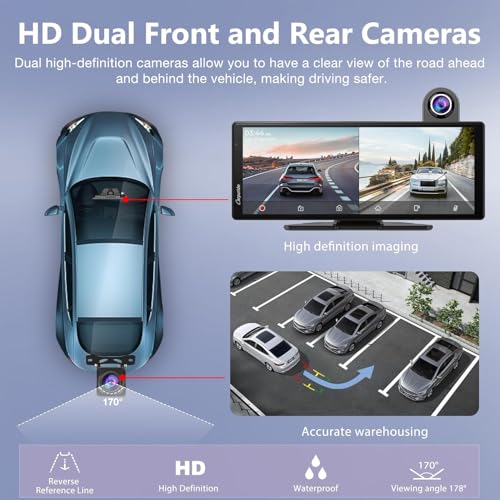 Image of Carpuride W904 Wireless Carplay & Android Auto with Dash Cam | 10.26 inch HD IPS Touch Car Play Screen for Car, 4K Front & 1080P Rear Camera, Loop Recording, Bluetooth Audio, Mirror Link, GPS