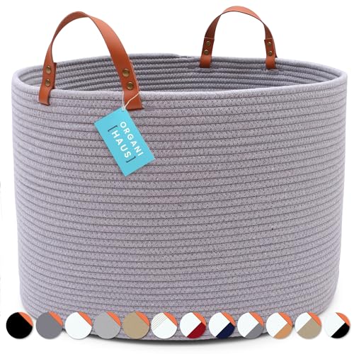 OrganiHaus Laundry Basket With Leather Handles, Extra Large Woven Cotton Rope Bin for Dirty Clothes Pillows & Towels