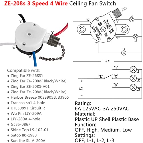 Ze-208S Ceiling Fan Switch 3 Speed 4 Wire, With 4 Pre-Installed Wires, Compatible With Hunter Fan Switch Replacement, Black #TOP1