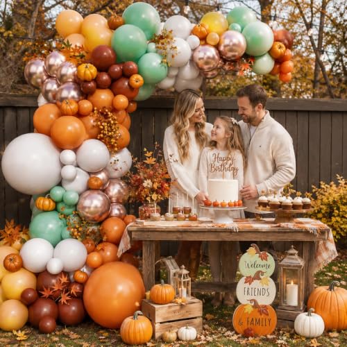 Image of Fall Balloon Garland Arch Kit Burnt Orange Little Pumpkin Party Decorations | 124pcs Terracotta Coffee Sand White & Sage Green Metallic Gold Thanksgiving Balloon Autumn Harvest Birthday Baby Shower Decor