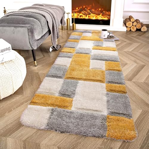 Image of 2x8 feet Soft Runner Rug for Living Room and Bedroom, Modern Indoor Floor Carpet with Non-Slip Backing, Comfortable Decorative Home Decor Rug, Easy Clean & Durable- (3D Yellow B, Rectangular)