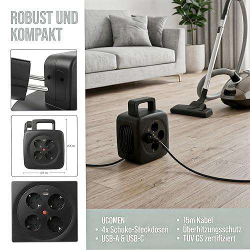 Enrouleur de câble 15m multiprise Schuko et chargeur USB C puissant 20W