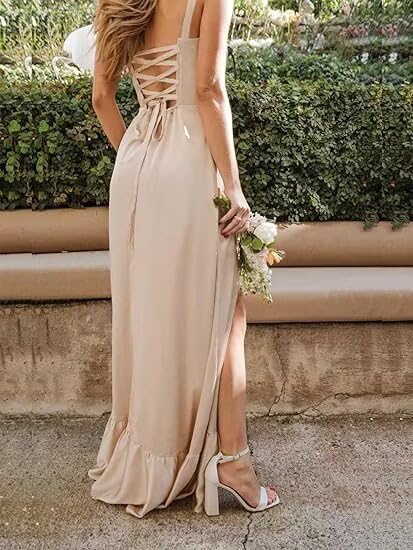 Satin Square Neck Bridesmaid Dresses for Women Long Ruffle Split Formal Evening Party Gowns3