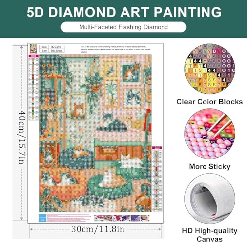 Diamond Art Kits for Adults, Cat Diamond Painting Kits for Adults Beginners,Cat Diamond Art Paint Full Drill DIY 5D Diamond Painting Gem Art Crafts Kits for Home Wall Decor-12x16 inch — view 4
