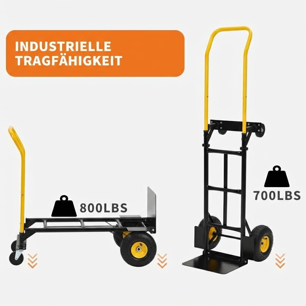 2-in-1 Transportwagen Handwagen Faltbar Mit 4 Pannensicheren Rädern, Schwerlast Tragkraft 362kg – Ideal Für Umzug, Lager, Büro & Industrie, Schwarz Gelb