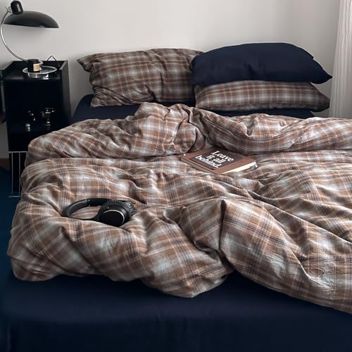 Image of EAVD Vintage Plaid Duvet Cover Queen Soft 100% Washed Cotton Bedding Set Retro Brown&Blue Grid Checkered Bedding Set with 2 Pillowcases Farmhouse Neutral Plaid Gingham Comforter Cover with Zipper