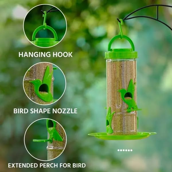 Image of Amijivdaya Medium Hanging Bird Feeder for Garden Balcony | 4 Feeding Ports | 700g Seed Capacity | Food-Grade Plastic | Easy Refill & Weatherproof (Parrot Green, Pack of 2)
