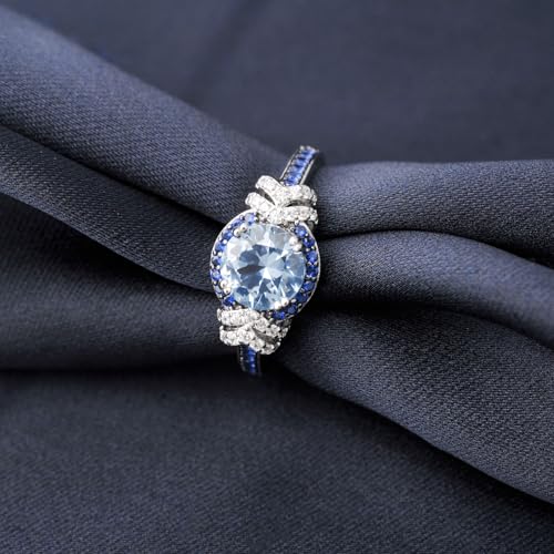 Round Cut Halo Ring for Women with Natural Sky Blue Topaz in 925 Sterling Silver, Blue Birthstone 14k White/Black Gold Plated Promise Engagement Ring for Her, Anniversary Birthday Jewelry Set3