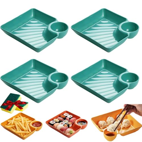 Piatti separati per salsa, set di 4 piatti giapponesi per gnocchi con scomparti per salsa, piatti quadrati riutilizzabili per snack, per tacos, verdure, frutta, salumi e antipasti per feste (verde)