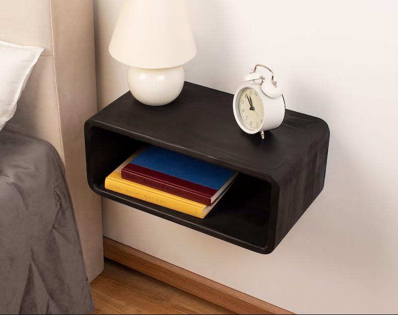 Table de nuit flottante noire en bois moderne avec tiroir de chevet suspendu