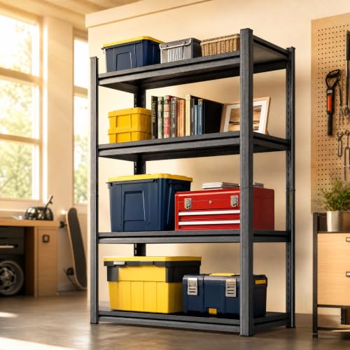 Image of Modern 4 Tier Black Metal Bookshelf, Industrial Book Shelf Shelving Unit, Deep Bookcase Storage Rack for Books Plants Decor, Heavy Duty Free Standing Shelves Organizer for Living Room Bedroom Office