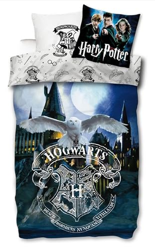 SkyBrands Harry Potter Bettwäsche 135x200 cm & Kopfkissenbezug 80x80 cm - Wendebettwäsche mit Hogwarts Wappen, Hedwig & Harry Potter Motiv - 2-teiliges Set aus 100% Baumwolle