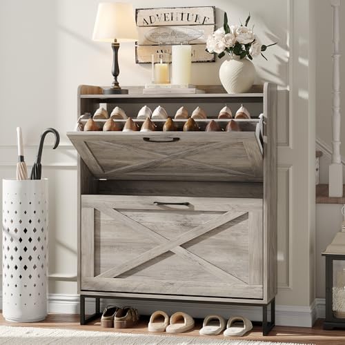 Comparison: Best Gray For Cabinets 10 Maupvit Shoe Cabinet with 2 Flip Drawers, Freestanding Shoe Cabinet Organizer with Metal Legs, Shoes Storage Cabinet for Entryway, Narrow Shoe Rack Cabinet, Washed Gray