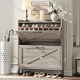 Maupvit Shoe Cabinet with 2 Flip Drawers, Freestanding Shoe Cabinet Organizer with Metal Legs, Shoes Storage Cabinet for Entryway, Narrow Shoe Rack Cabinet, Washed Gray