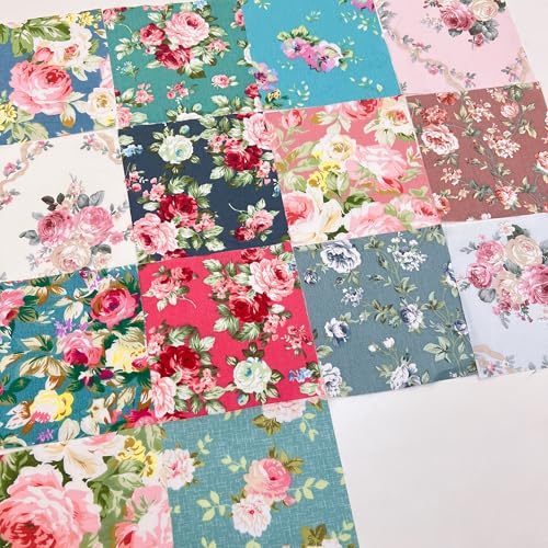 Image of Cotton Fabric DIY Making Supplies Quilting Patchwork Fabric Fat Quarter Bundles DIY for Quilting Cotton Patchwork Cushions (14pcs Flowers, 9.8 inch x 9.8 inch)