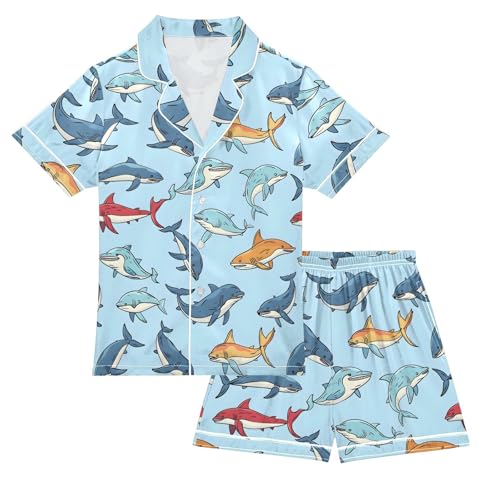 ALAZA Colorful Dolphin Blue Satin Pajamas Set Short Sleeve Button Down Sleepwear Summer Pjs 2 Piece