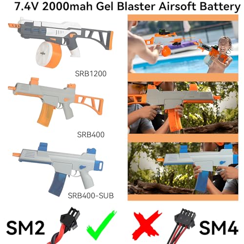 Tosiicop Airsoft Gel Blaster Battery - 7.4V 2000mAh LiPo Batteries for Splatter Ball Accessories SRB400 SRB1200 SRB400-SUB Water Bead MP5K M4 M110 with SM-2P Plug Rechargeable Charging Cable