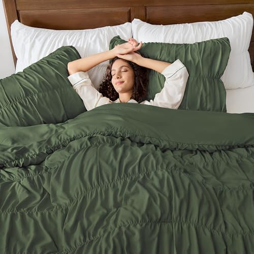 Image of Andency Olive Ruched Comforter Set Queen Size, Shabby Chic Pleated Bedding Sets 3 Pieces, Lightweight Soft Boho Ruffle Bed Set for Girls, Kids, Women, All Season