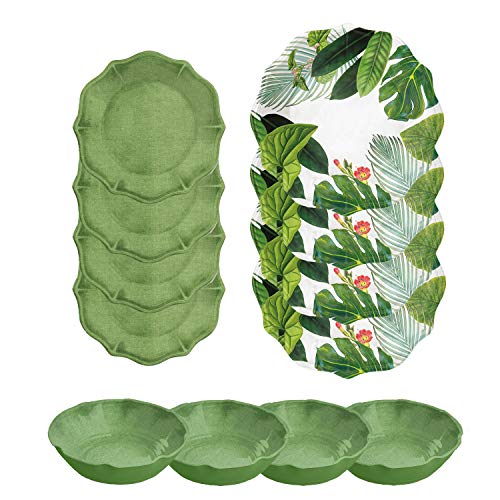 Tropical Jungle Plates & Bowls Set - Outdoor/Camping/BBQ Dinnerware Plastic/Melamine Sets (12)