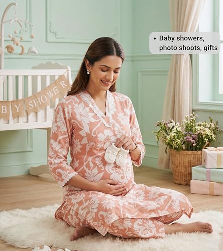 Image of DUMMY SHAPE Maternity Dresses for Women Cotton | Floral Kurta Pant Dupatta Set with Nursing Zippers, Side Pocket | Pre & Post Pregnancy | Feeding Kurti Suit | Baby Shower | Gifts for Pregnant Woman