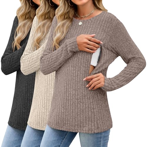 Image of Sweetyweee 3 Pack Women's Nursing Tops Breastfeeding Shirts Long Sleeve Maternity Ribbed Sweaters with Hidden Zipper