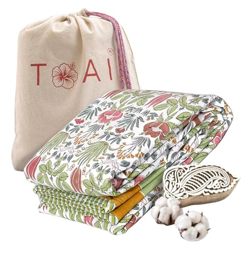 Image of TOAIArt Premium Jaipuri Dohar | AC Blanket Summer Quilt | Hand Block Printed | 3 Layers | Reversible | 150GSM 100% Mulmul Cotton | 100% Cotton Flannel Filling | Single 60 inch X 90 inch |Spring Floral