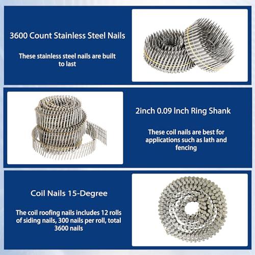 Image of waltyotur 2 * 0.09 In Stainless Steel Siding Nails, Coil Nails 3600 Pcs