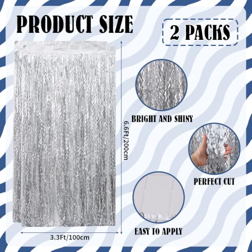 Image of TONIFUL 2Pcs Wavy Matte Silver Metallic Tinsel Foil Fringe Curtain Streamer
