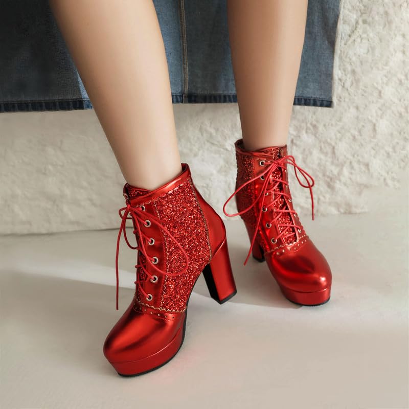 KOKOMOMO Sparkly Platform Ankle Boots Short Sequin Glitter Combat Boots Chunky Heeled Lace Up Booties4