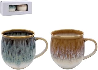 Lesser & Pavey Reactive Glaze Mugs for Tea and Coffee | Large Ceramic Earthenware Mug 400ml for Kitchen | Premium Designs Reactive Glaze S2 Mugs 2 ASST Stoneware Mug Set of 2 - Elements