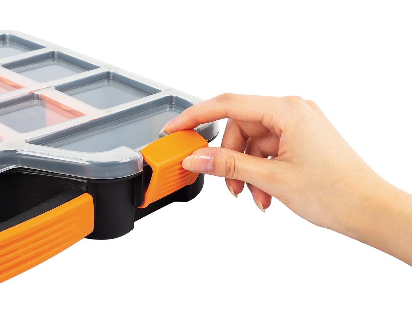 Perel Scatola assortimento in plastica, max 20 scomparti con 16 divisori rimovibili, coperchio trasparente, impilabile, per viti dadi chiodi e piccoli componenti, officina garage