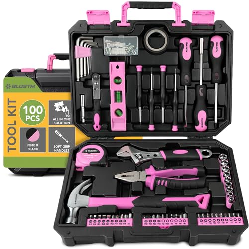 BLOSTM 100 Piece Pink Tool Kit - Home Tool Set With Essential Hand Tools for DIY Projects Household Repairs - Portable Plastic Tool Box with Hammer Pliers Screwdrivers Hex Keys & More (Pink/Black)