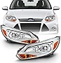 ACANII - For [Halogen Model] 2012-2014 Ford Focus Chrome Housing Headlights Headlamps Pair Set Replacement Left+Right