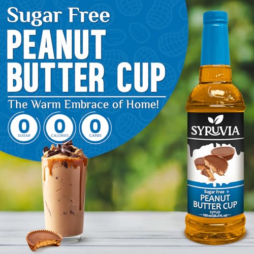 Syruvia Sugar-Free Salted Caramel & Sugar-Free Peanut Butter Cup Syrup - 25.4 fl oz. Premium Coffee Flavoring Syrup. 0 Calories, Kosher, and Gluten-Free. Perfect for Drinks, Sodas, and More.